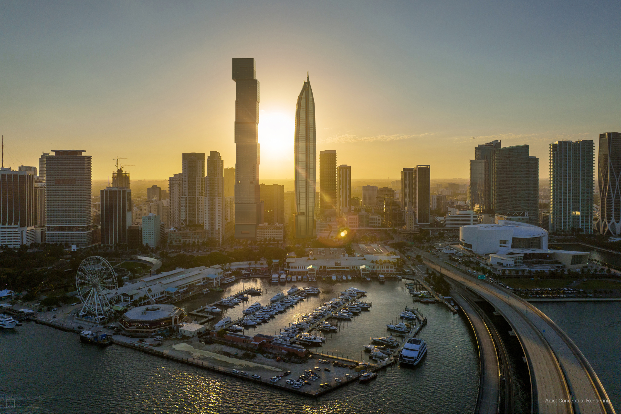 Aerial view of Delano Residences with Bayside Marina and downtown Miami skyline