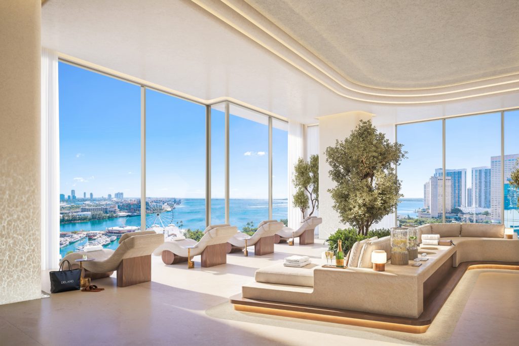 Interior: modern living room with bay views