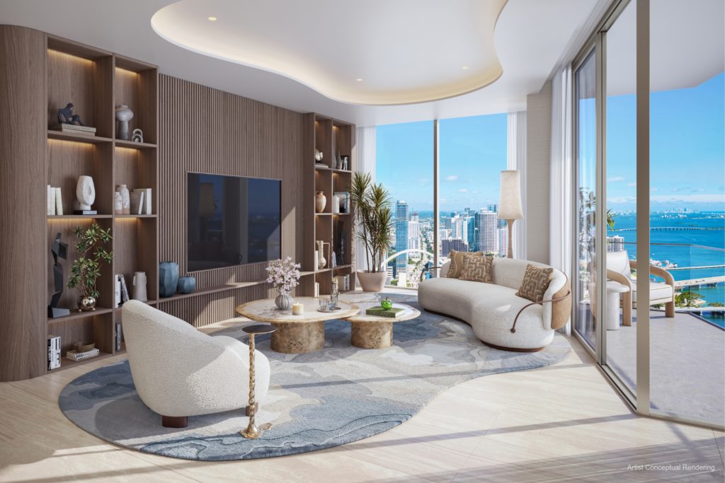 Interior: living room with warm wood tones and marble