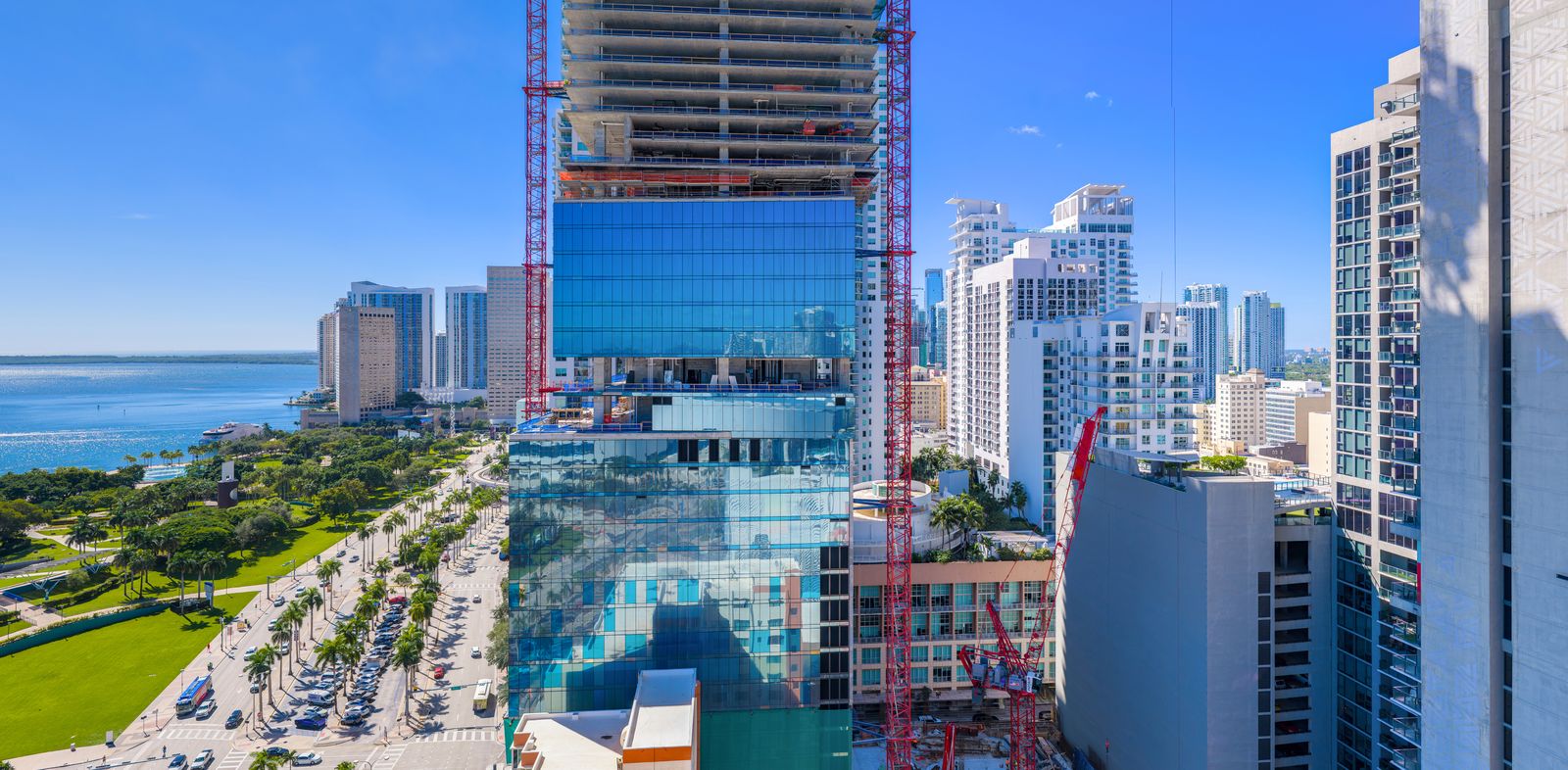 Delano Residences Miami, view north over the Kaseya Center and the bay from Level 22, developer photography from the site