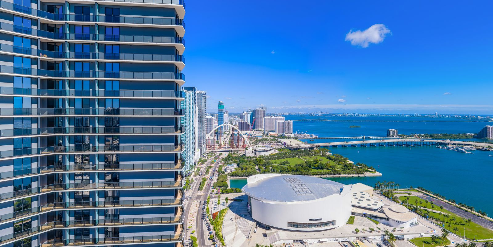 Delano Residences Miami, view north over the Kaseya Center and the bay from Level 46, developer photography from the site