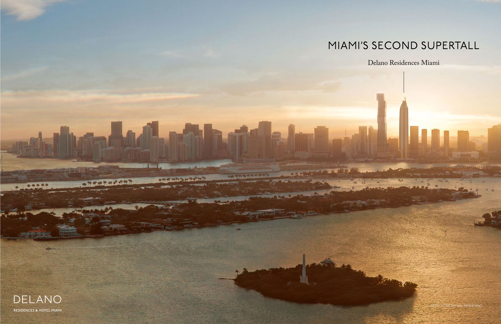 Downtown Miami skyline from Biscayne Bay with Delano Residences Miami, developer rendering