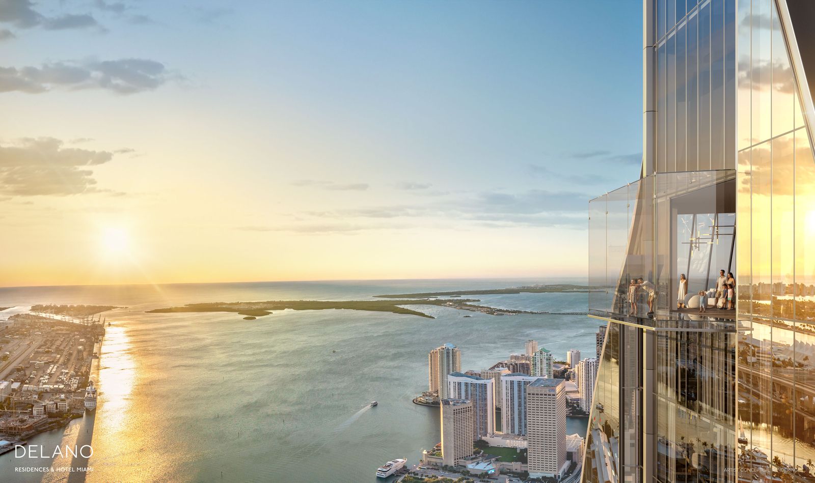 The observation deck at Delano Residences Miami over Biscayne Bay, developer rendering