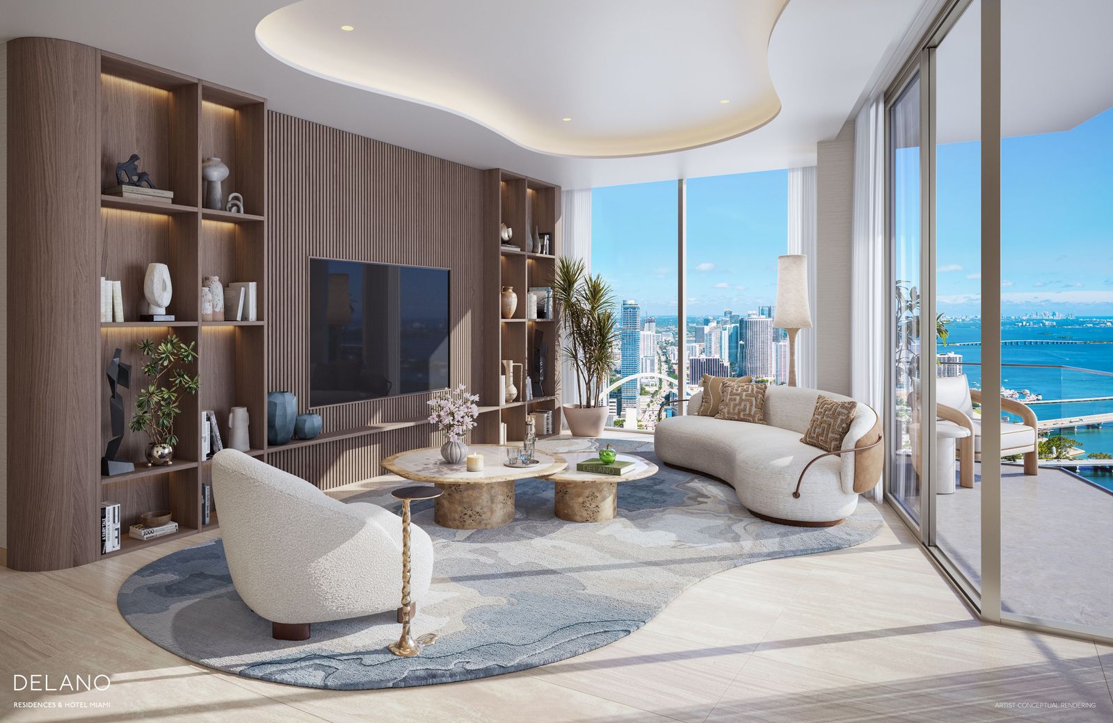 Great room of a residence at Delano Residences Miami, developer rendering