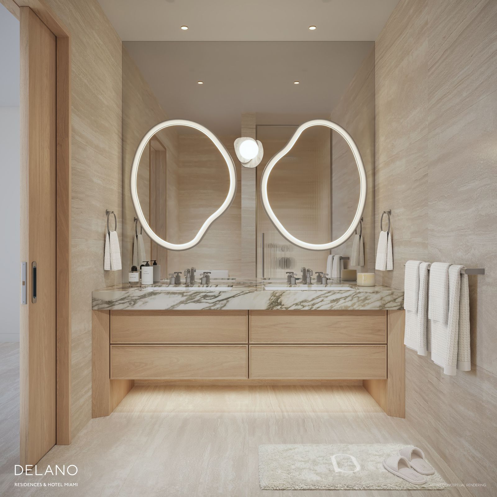 Primary bathroom with Waterworks fixtures at Delano Residences Miami, developer rendering