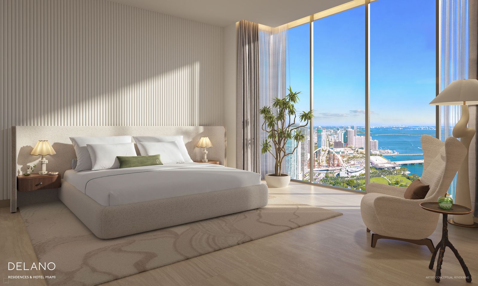 Primary bedroom of a residence at Delano Residences Miami with views over the bay, developer rendering