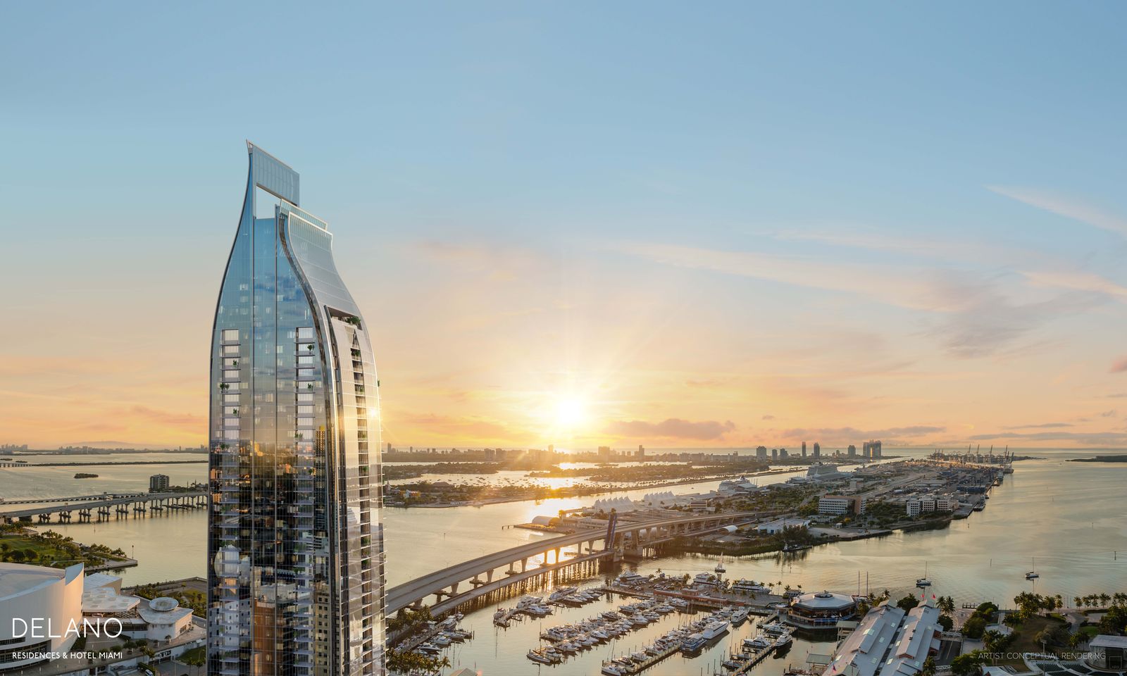 Delano Residences Miami rising above Bayside and the Miamarina on Biscayne Bay, developer rendering