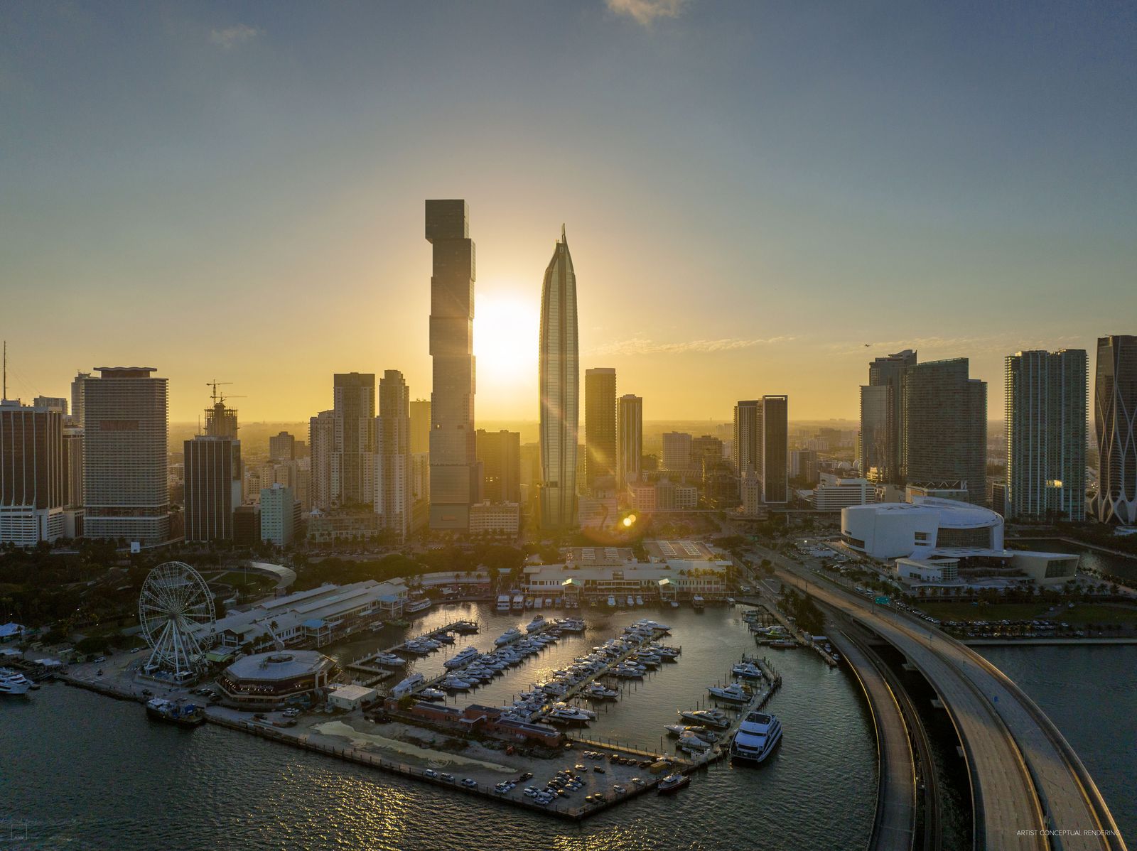 Delano Residences Miami above Bayside and the Miamarina at sunset, developer rendering